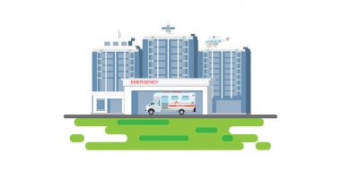 Ambulans araba ve tıbbi acil doğrama ile Hastane binası