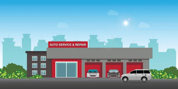 Auto service de voiture et centre de réparation ou garage avec des voitures . — Image vectorielle