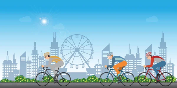Gruppo di ciclisti uomo in bici da corsa su strada vista città backgr — Vettoriale Stock