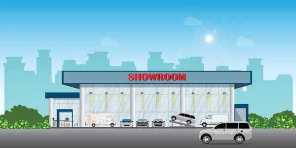 Moderno centro de concesionarios de coches sala de exposición incluye coches en — Vector de stock
