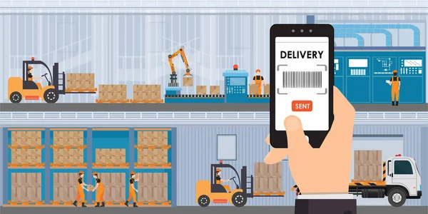 App di magazzino e stoccaggio su smartphone con merci e scatole — Vettoriale Stock