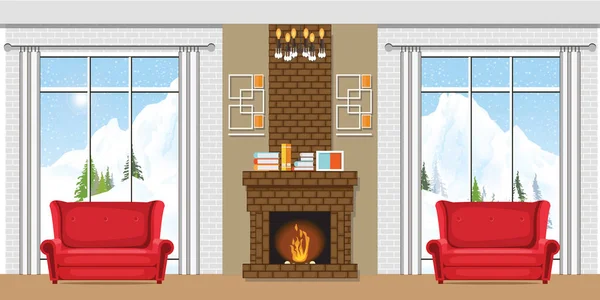 Intérieur de la maison d'hiver avec cheminée . — Image vectorielle
