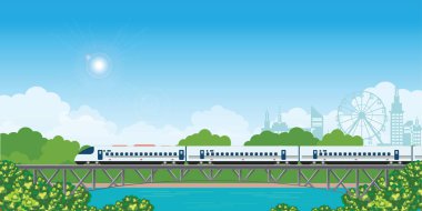 Backg üzerinde orman ve şehir manzaralı demiryolu köprüsü üzerinde hızlı tren