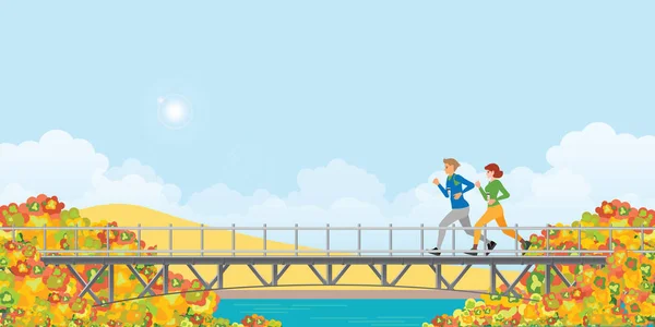 Ζευγάρι που τρέχει στη γέφυρα το φθινόπωρο. — Διανυσματικό Αρχείο