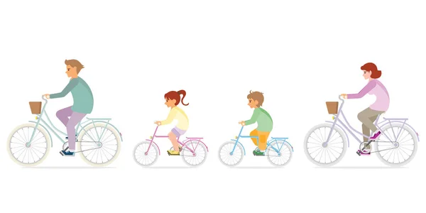 가족이 흰색으로 고립 된 자전거를 타고 있습니다.. — 스톡 벡터