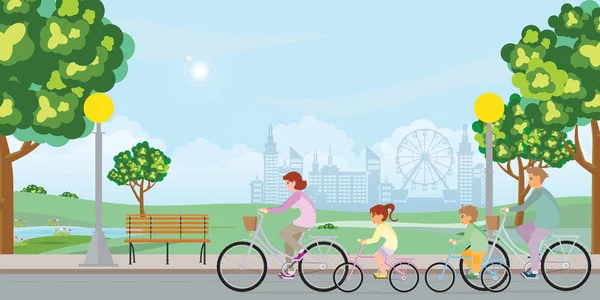 Familia están montando en bicicletas en el paisaje del parque público  . — Vector de stock