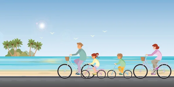 Familia están montando en bicicletas en el fondo de la playa . — Vector de stock