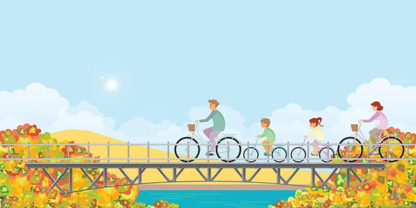 Family are riding on bicycles on bridge in autumn. — Stock Vector