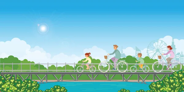 Літня відпустка. Сім'я їде на велосипеді на мосту  . — стоковий вектор