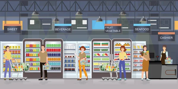 Mensen winkelen in supermarkt interieur met goederen op de planken . — Stockvector