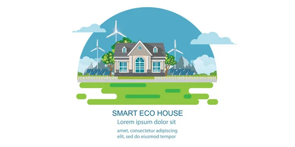 Eco ház napelemekkel és szélenergiával. — Stock Vector