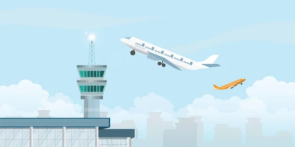 Torre de control con avión despegando desde el aeropuerto . — Archivo Imágenes Vectoriales