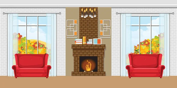 Acogedor salón interior con chimenea y sillas rojas . — Vector de stock