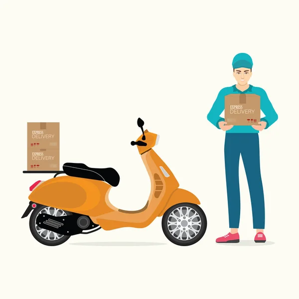 Entrega hombre sosteniendo cajas con moto scooter  . — Vector de stock