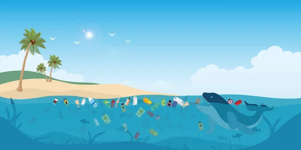 Fische schwimmen im Meer voller Müll. — Stockvektor