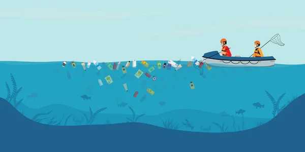 Τα σκουπίδια επιπλέουν στο νερό, οι άνδρες εθελοντές — Διανυσματικό Αρχείο