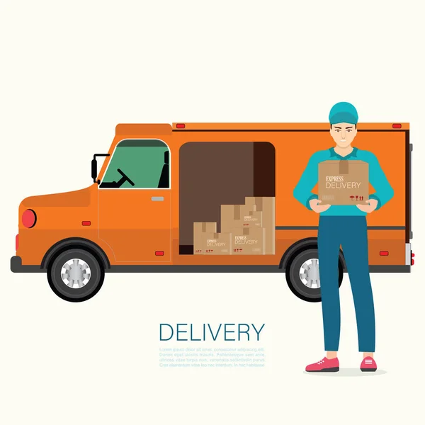 Быстрая доставка с доставщиком и грузовиком . — стоковый вектор