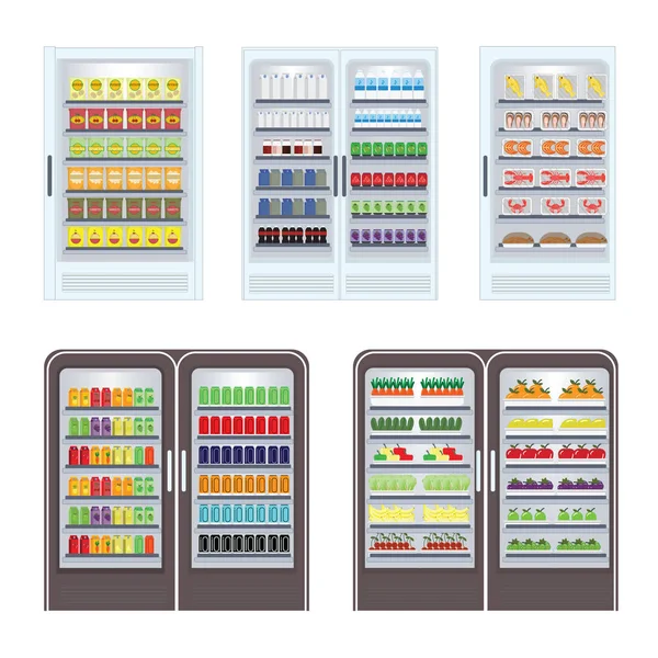 Vitrine koelkast voor koel dranken met zoete. — Stockvector