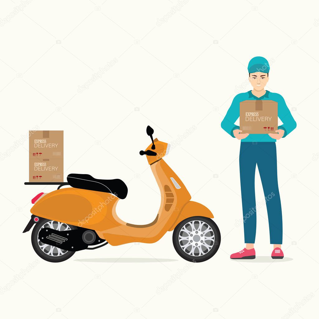 Delivery man holding boxes with scooter motorcycle .