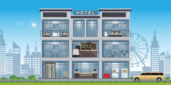 Hotel interior conjunto dentro del edificio . — Vector de stock