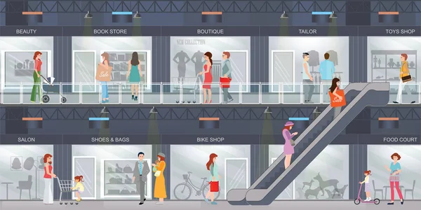 ผู้คนช้อปปิ้งในห้างสรรพสินค้า . — ภาพเวกเตอร์สต็อก