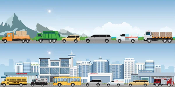 Modern highways road with many different vehicles. — Stock Vector