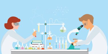 Kimyagerler deneyler yapıyor ve izole kimyasal testler çalıştırıyor o