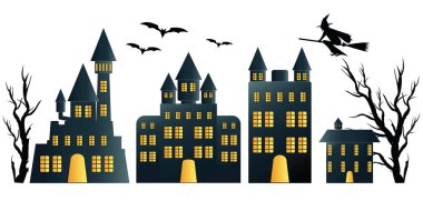 Koyu renk siluet, terk edilmiş köy, beyaz taşrada izole edilmiş.