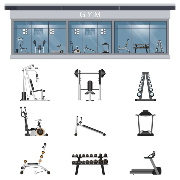 Gimnasio icono interior conjunto con gimnasio gimnasio equipo aislado en bac — Vector de stock