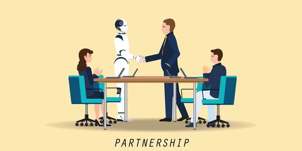 Affärsman och artificiell intelligens robot handskakning under — Stock vektor