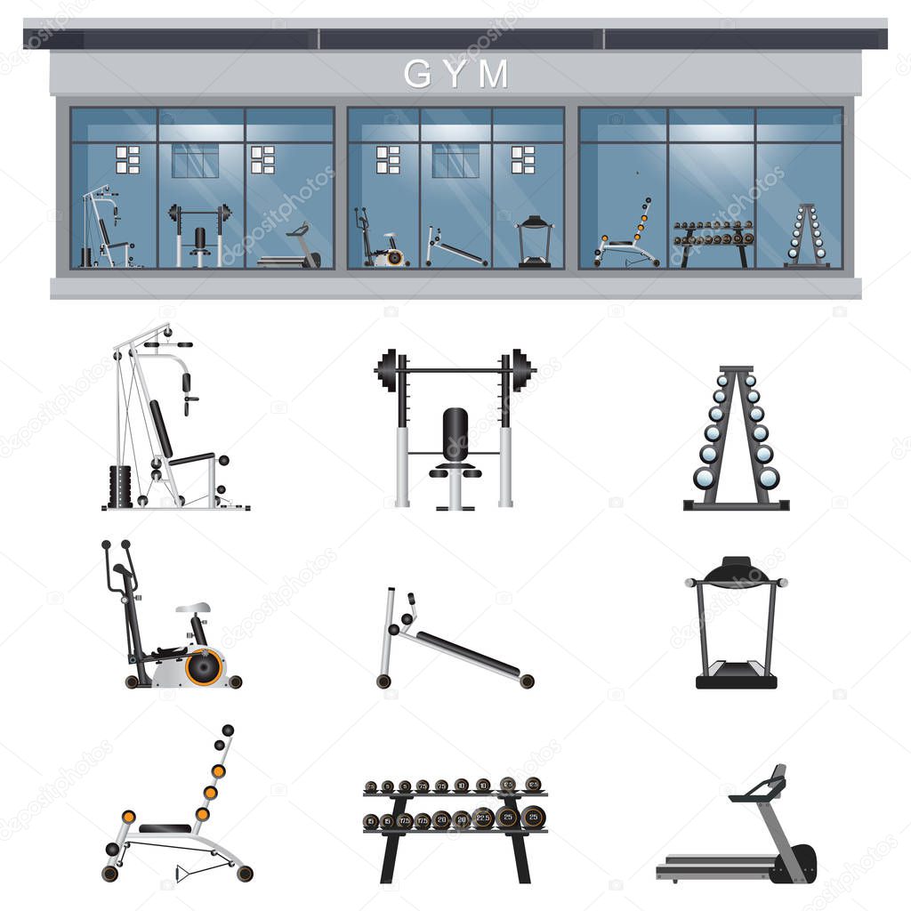 Gym interior icon set with fitness gym equipment isolated on bac