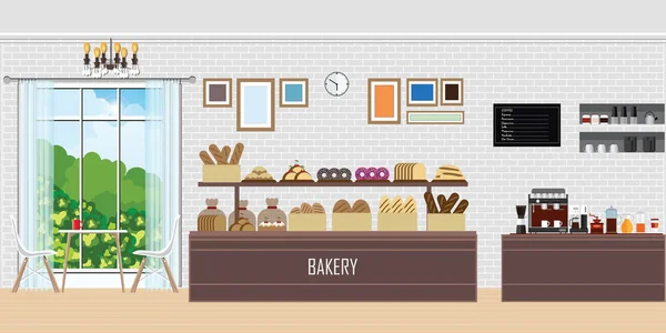 Interior of modern bakery shop with display counter . — Stockvector