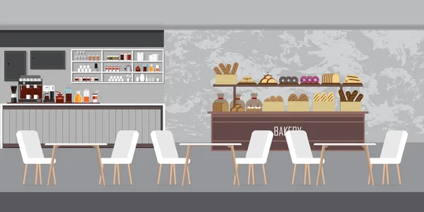 Interior de la tienda de panadería moderna, cafetería con mostrador . — Vector de stock