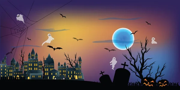 La nuit noire Halloween et la pleine lune dans le ciel au-dessus de l'abande — Image vectorielle