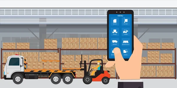App di magazzino e stoccaggio su smartphone con logistica . — Vettoriale Stock