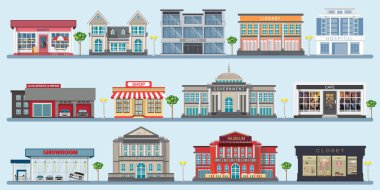 Çeşitli büyük modern binalar, müze, hastane, banka, kütüphane, kafe, dükkan ve hükümet binaları, tasarım mimari vektör çizimi.