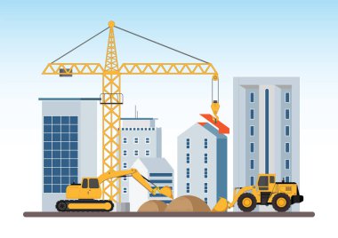 İnşaat işçiliği, inşaat makineleri ve büyük bina yatakhanesi inşaatı devam ediyor. Vektör illüstrasyonu.