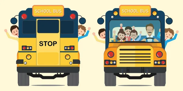 Žlutý Školní Autobus Zpět Přední Pohled Šťastně Usmívající Děti Koni — Stockový vektor