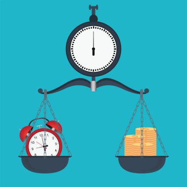 Zaman ve para dengesi kavramsal, zamanlayıcı ya da saati bol paradan tasarruf etme zamanı para tasarrufu, Times para demek. İş ve yönetim vektörü illüstrasyonu. 
