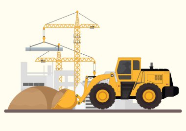 Bina inşaatı. Civarda çalışan makineler. Yapım aşamasında olan buldozerli Crane inşaat makineleriyle çalışma süreci, Vektör illüstrasyonu.
