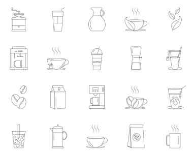 Basit kahve ve çay ikonları. Cappuccino, Teapot ve Coffee Feepot. Kahve çekirdeği doğrusal simgesi vektör çizimi.