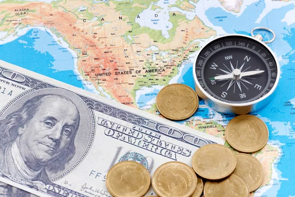 Financial Concept Dollar Coin Compass America Map Background Stock Image