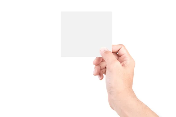 白人男性の手のジェスチャーは 白い背景の上に隔離されています ハンドホールディングカード — ストック写真