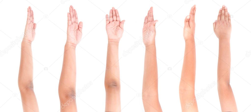 Boy hand gestures isolated over the white background.