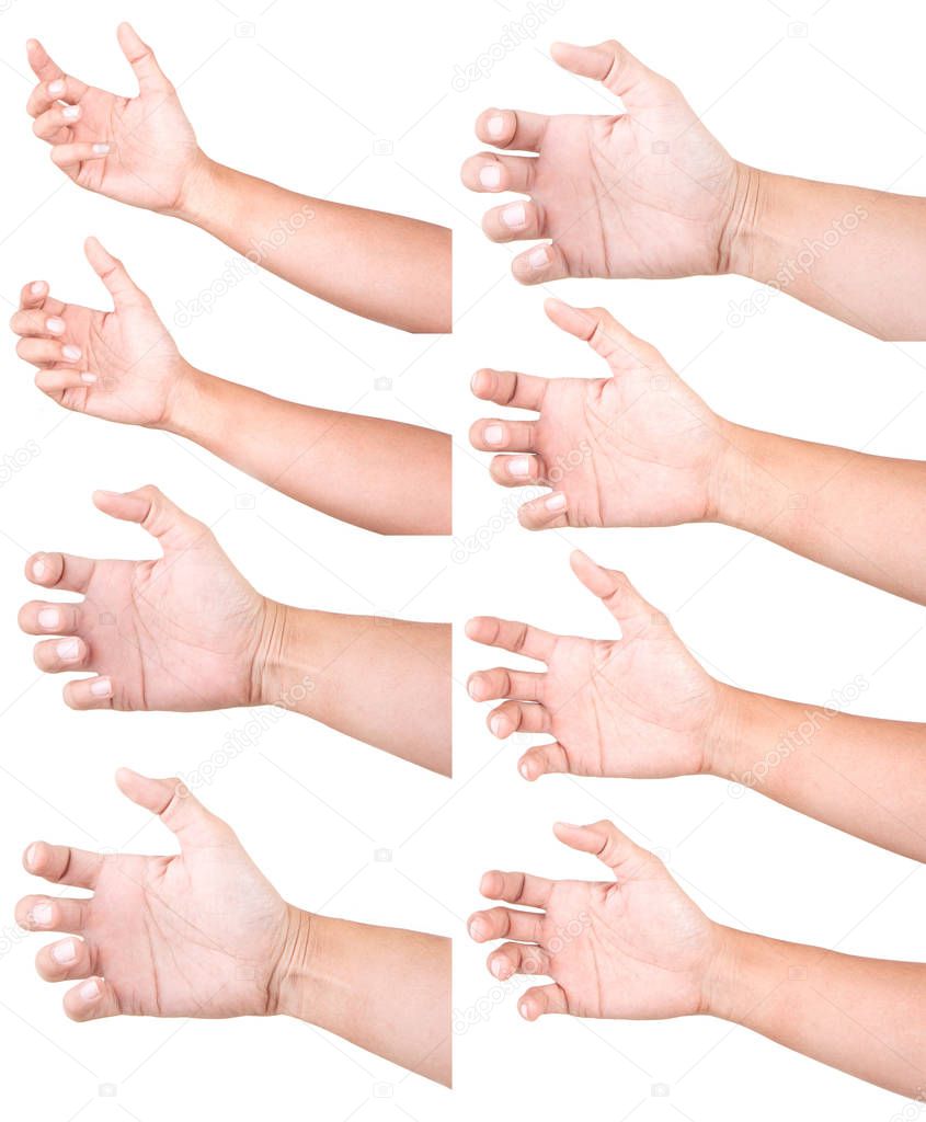 Multiple Male Caucasian hand gestures isolated over the white background, set of multiple images. GRAB HAND.