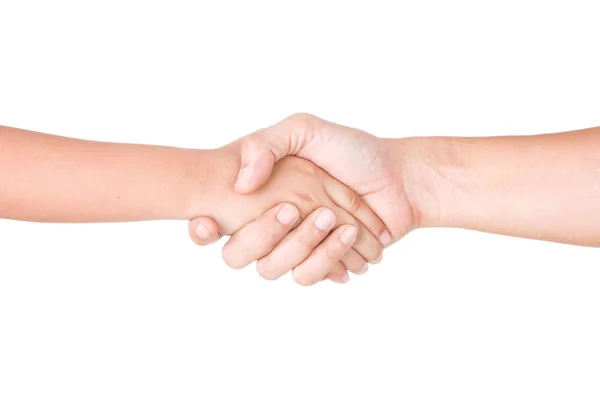 Hombre y niño tomados de la mano, aislados sobre fondo blanco . — Foto de Stock