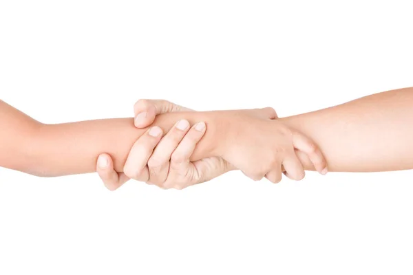 Hombre y niño tomados de la mano, aislados sobre fondo blanco . — Foto de Stock