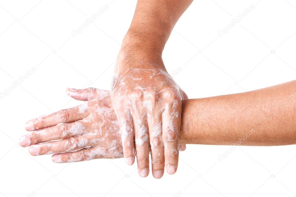 Cleaning Hands. Washing hands. ISOLATED ON WHITE BACKGROUND.