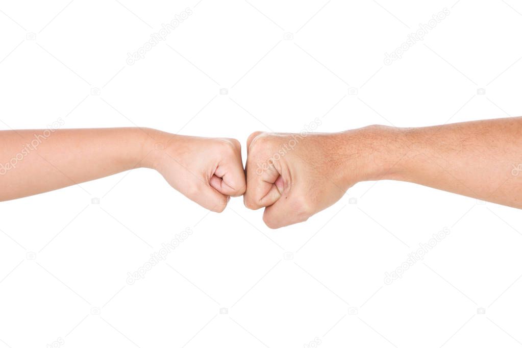 Fist Bump between Man and Boy. ISOLATED On WHITE BACKGROUND.