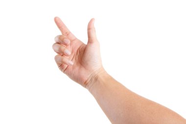 Erkek asya el hareketleri beyaz arka plan üzerinde izole. Dokunaklı Poz. Birinci Kişi Görünümü.